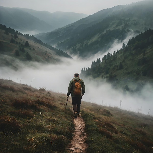 A man walks in a fog in the Carpathian Mountains