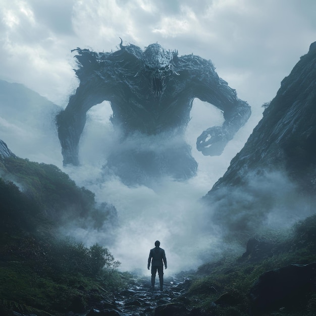 Photo a man walks in a forest with a giant creature in the background