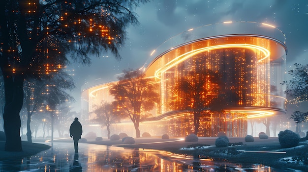 a man walks in front of a building with the lights on