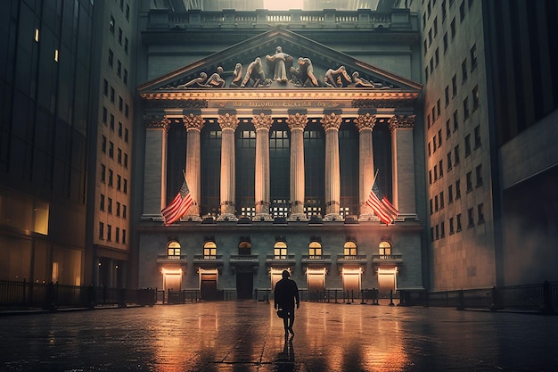 A man walks in front of a building with the words " the national bank " on the front.