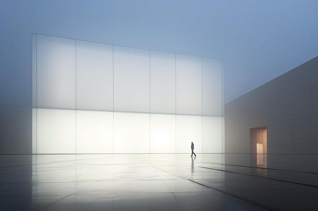 A man walks in front of a large white building