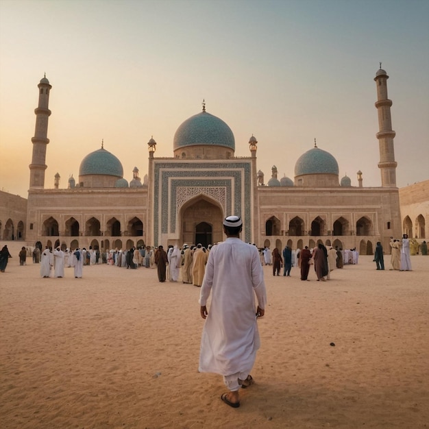 Photo man walks in front of a mosque with a blue and white pattern