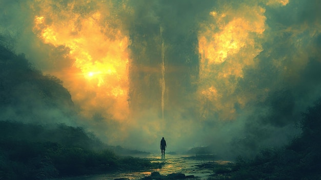 a man walks in front of a waterfall