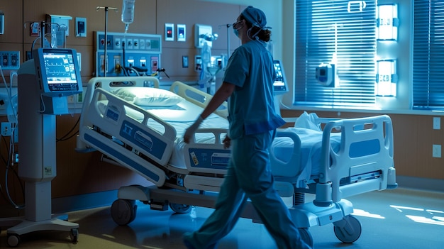 Photo a man walks in a hospital room with a hospital bed