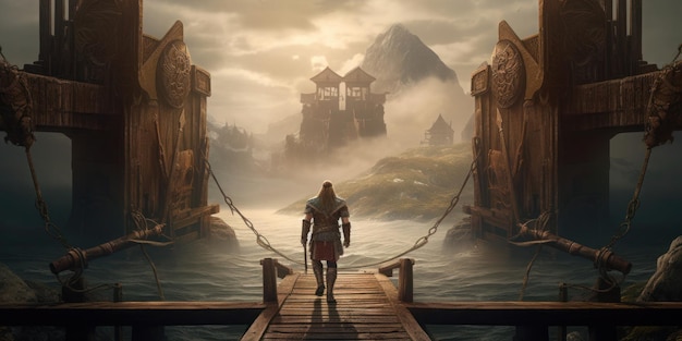 A man walks into a pier with a castle in the background