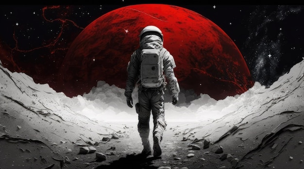 A man walks on the moon with a red planet in the background.