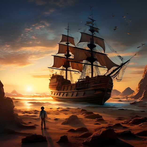 a man walks past a ship with a sunset in the background