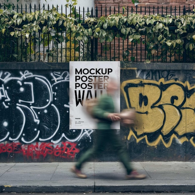 Photo a man walks past a wall with a sign that says scrawled on it