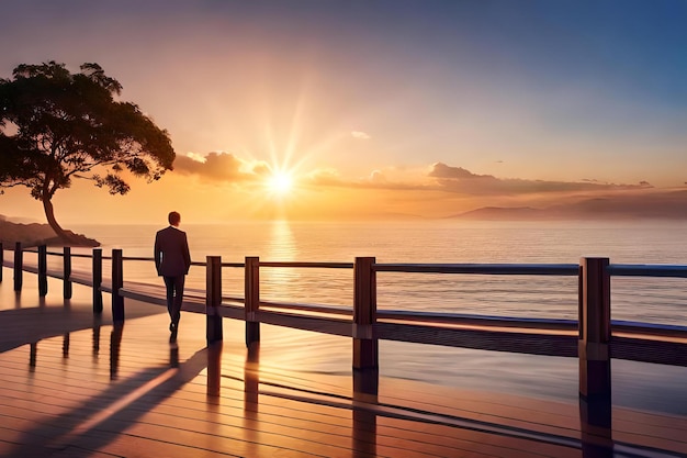 A man walks on a pier at sunset.