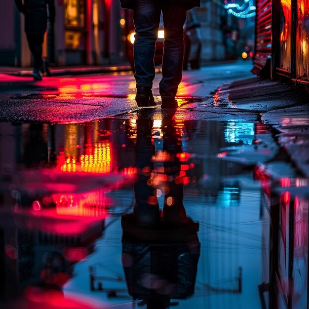 Photo a man walks in a puddle of water with a reflection of a man walking in it