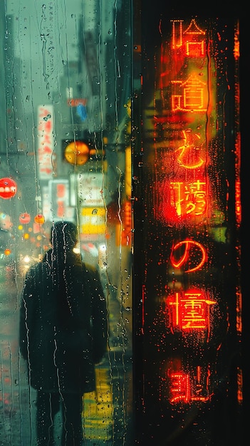 a man walks in the rain through a window with a man walking in the rain