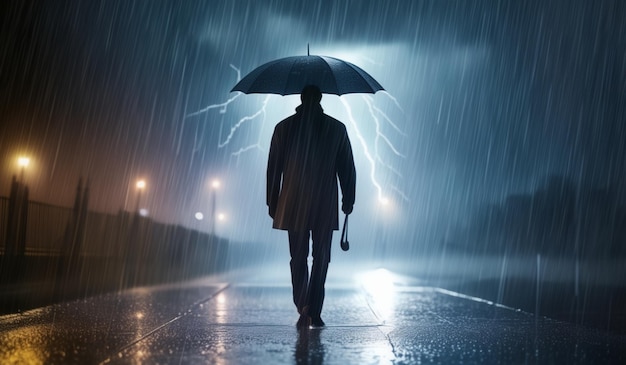 A man walks in the rain with an umbrella