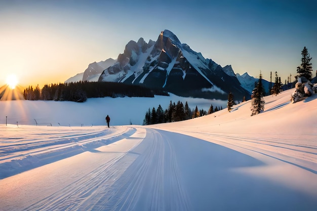 A man walks on a snowy road with a mountain in the background