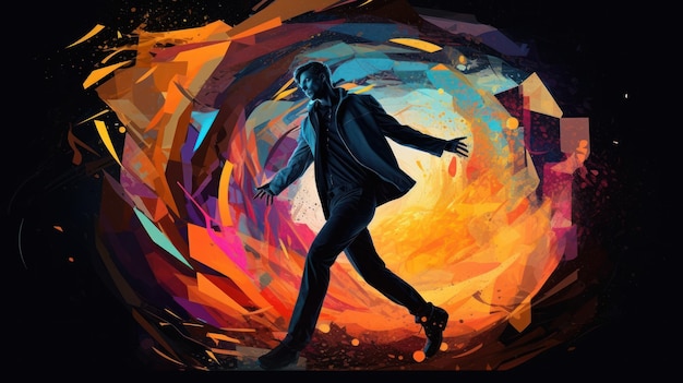 A man walks through a circle with a colorful background.