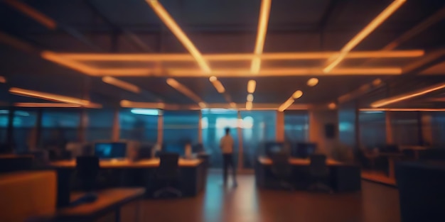 a man walks through a conference room with a man standing in front of a window