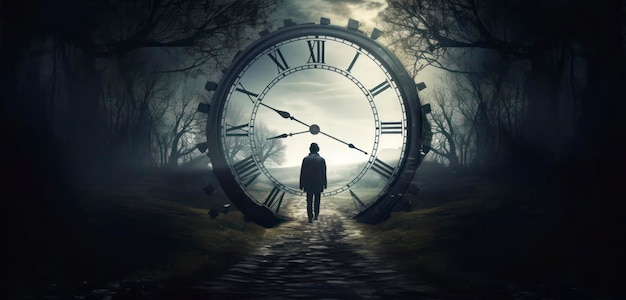 A man walks through a dark forest with a clock face