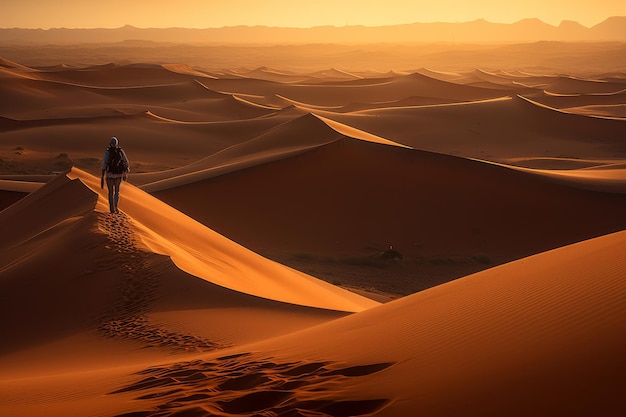 A man walks through the desert at sunset.