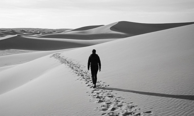 a man walks through the desert with footprints in the sand