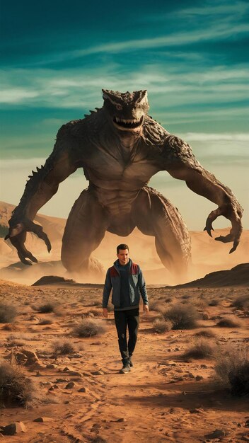 Photo a man walks through a desert with a giant monster on the ground