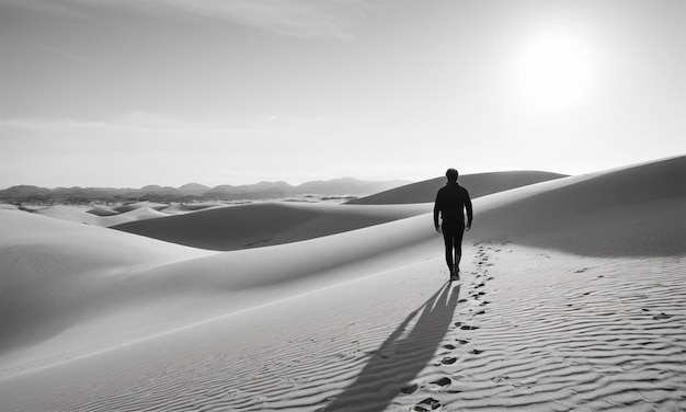 a man walks through the desert with the sun shining on his face