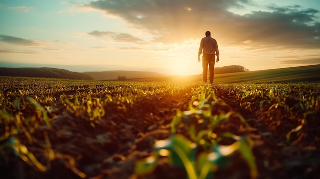 a man walks through a field of corn at sunset