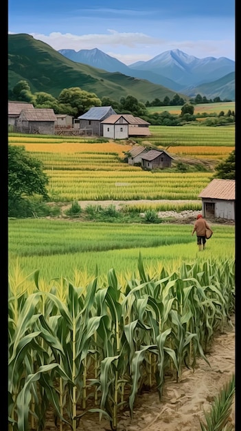 a man walks through a field of corn with a house in the background