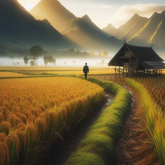 a man walks through a field with a house in the background