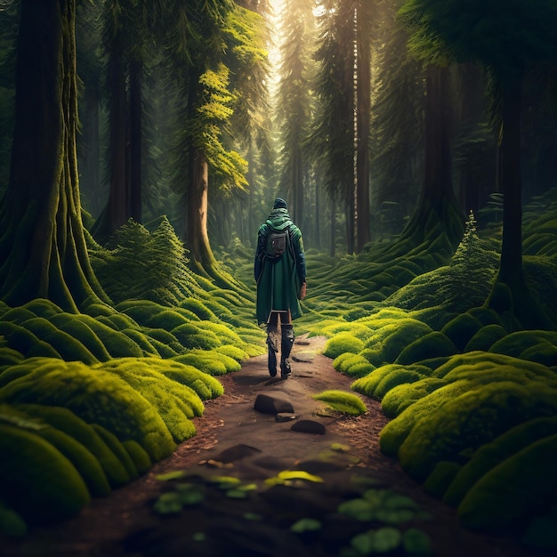 A man walks through a forest with a green forest and the sun shining on his back.