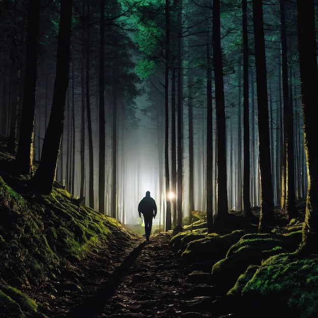 a man walks through a forest with a light on his head