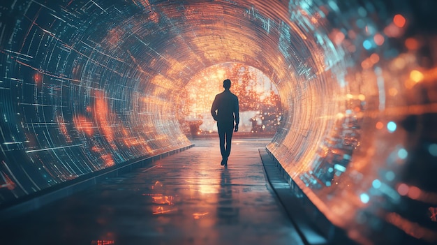 Photo a man walks through a futuristic tunnel with glowing lines and a city in the distance