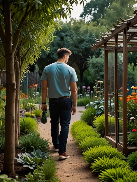 a man walks through a garden with a blue shirt on