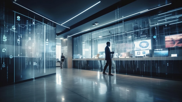 A man walks through a glass wall in a building with a sign that says'apple '