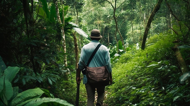 A man walks through a jungle with a bag on his shoulder.