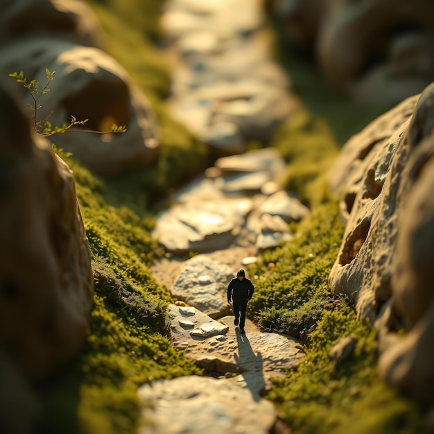 Photo a man walks through a mossy rock formation