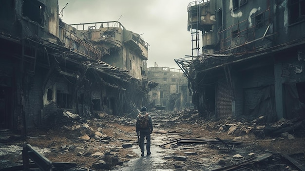 A man walks through a ruined city with the word war on the back