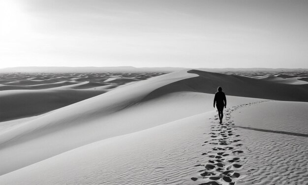 a man walks through the sand in the desert