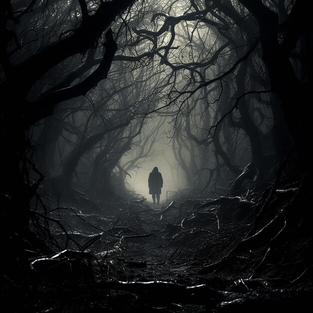 a man walks through a scary forest