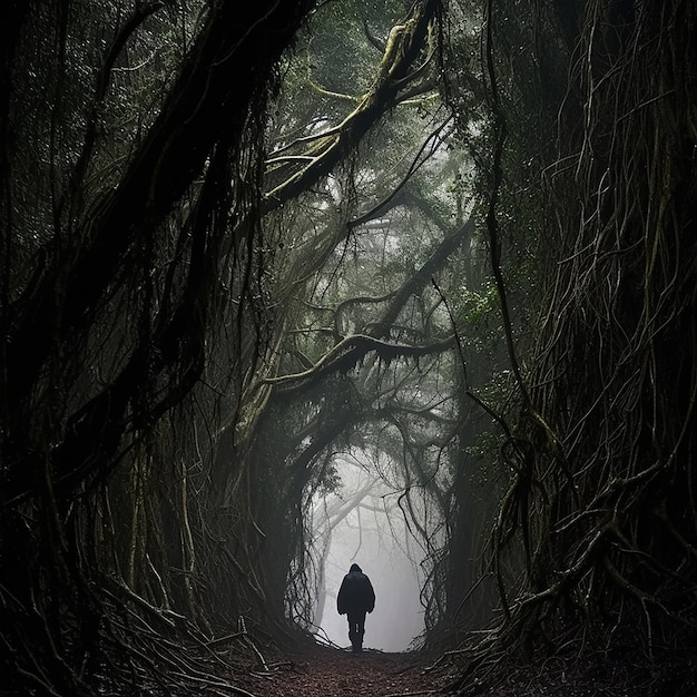 a man walks through a scary forest