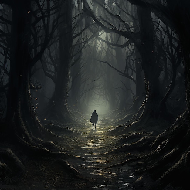 a man walks through a scary forest