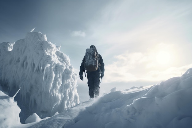 A man walks through a snowy landscape with a backpack.