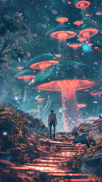 a man walks through a space with a man in a suit and a large mushroom