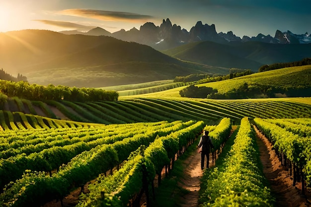 a man walks through a vineyard with a sunset in the background.