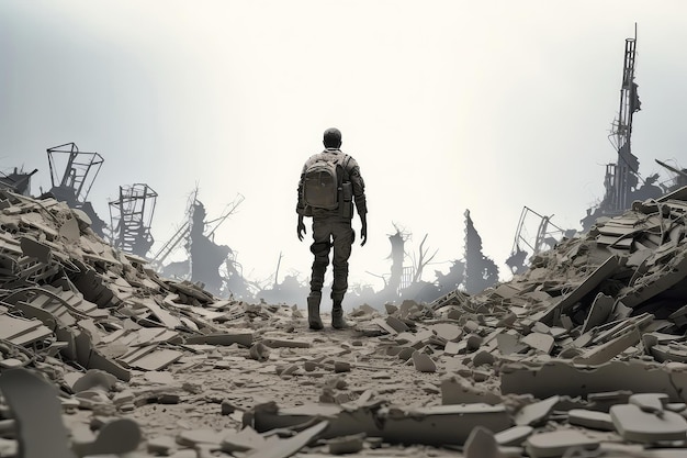 Man Walks Through Wartorn Battlefield Filled With Debris