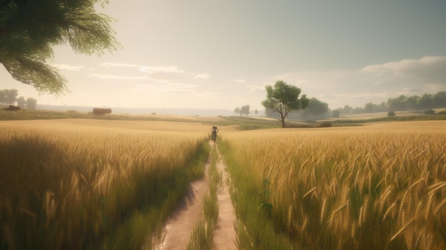 A man walks through a wheat field with a tree in the background.