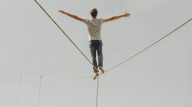 Photo a man walks on a tightrope with his arms outstretched looking confident