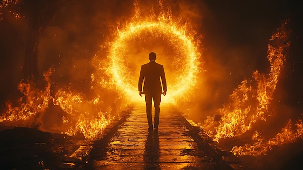 Photo a man walks towards a fiery ring symbolizing the challenge and opportunity ahead