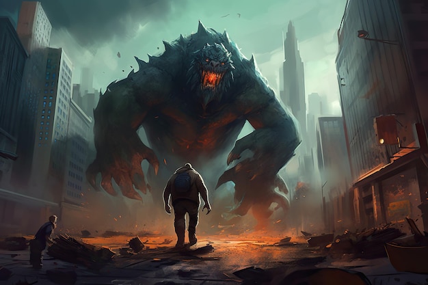 A man walks towards a giant monster with a city in the background.