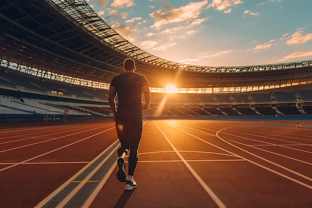 a man walks on a track in a stadium with the sun setting behind him