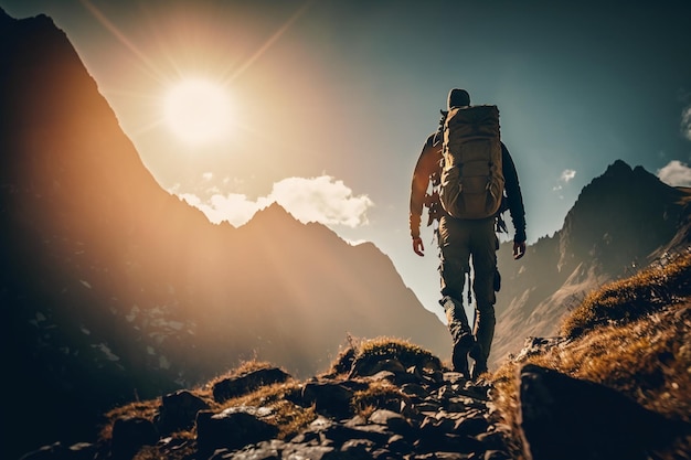 A man walks up a mountain with a backpack on his back.