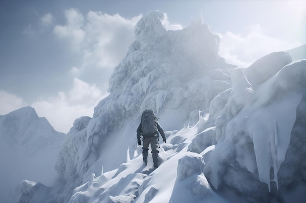 A man walks up a snowy mountain with a backpack.